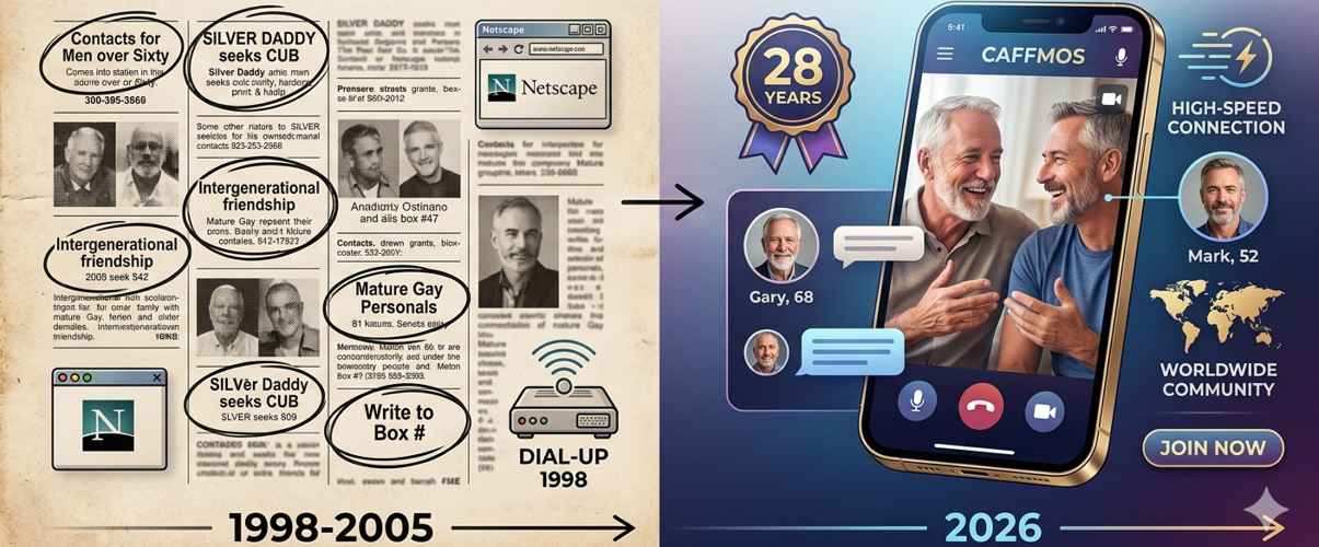 Vintage gay magazine print ad next to a modern smartphone with video chat