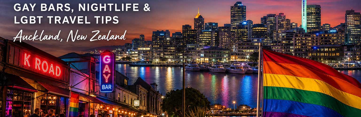 Auckland gay guide cover showing skyline, K Road nightlife and pride flag