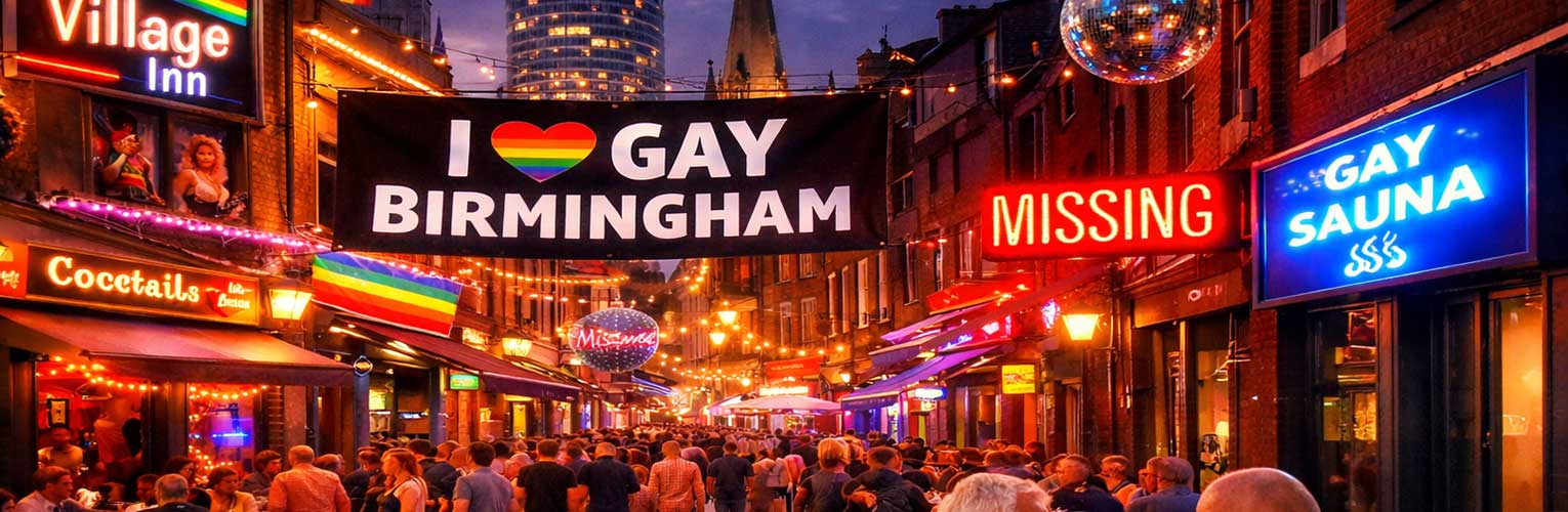 Birmingham Gay Village nightlife on Hurst Street with bars, clubs and rainbow flags at night