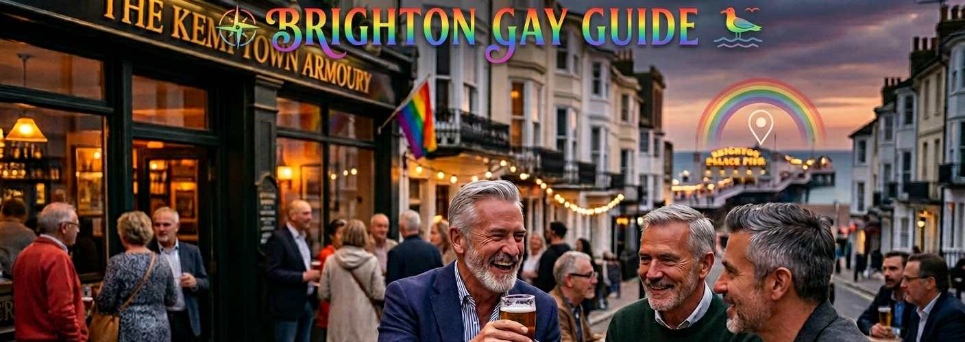 Mature gay men enjoying drinks at a pub in Kemptown, Brighton, featuring the Palace Pier and Brighton Gay Guide rainbow text.