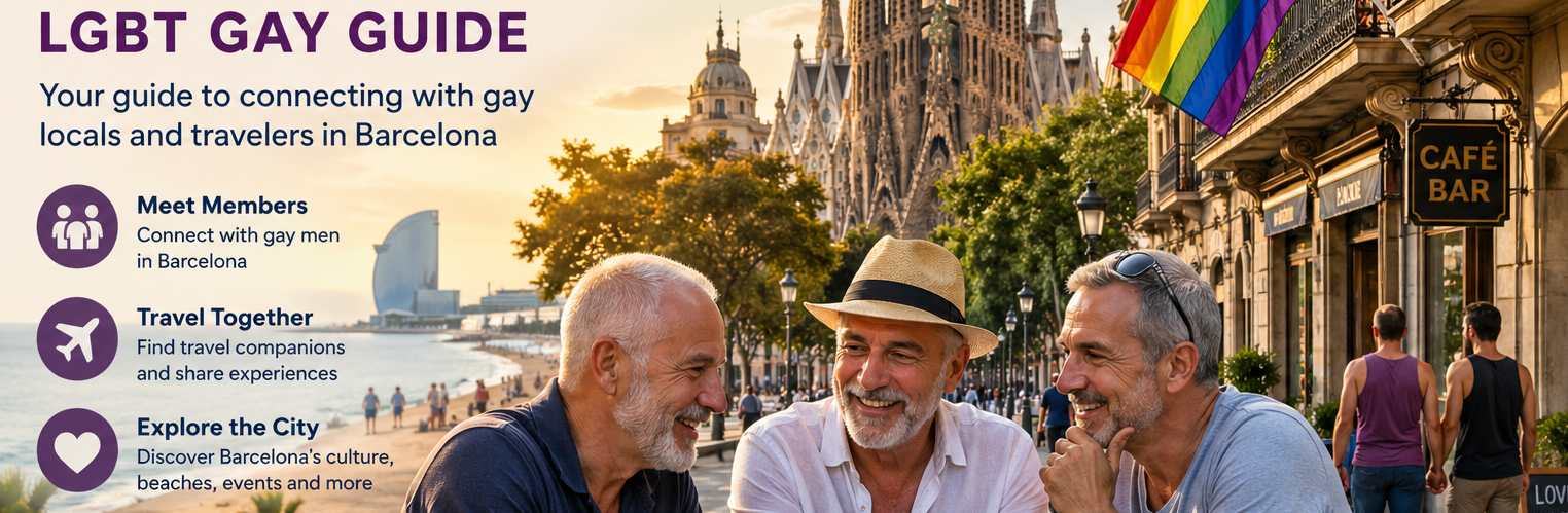 Older gay men socializing at a Barcelona café with rainbow flag and Sagrada Familia in the background, representing LGBTQ+ travel community