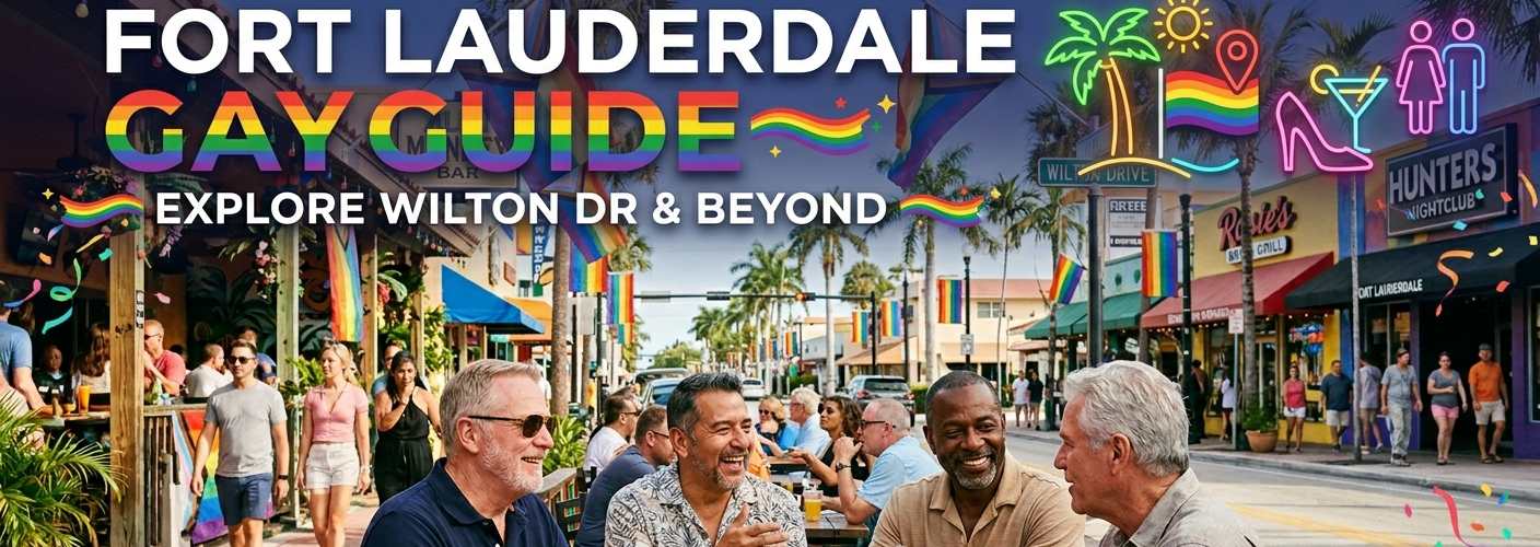 Graphic guide for Fort Lauderdale Gay Pride featuring mature men enjoying drinks at a cafe on Wilton Drive with icons for gay beaches, nightlife, and dining.