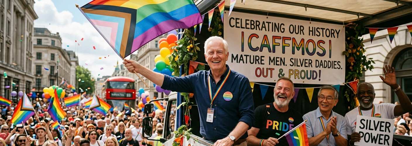 A group of mature gay men celebrating joyfully on a Caffmos Community parade float with a 'Celebrating Our History' banner at a vibrant Pride event.