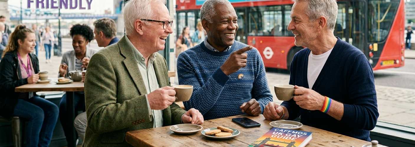 hree joyful mature gay men sharing coffee in a London cafe with a Caffmos UK Gay Guide book on the table and a red bus in the background