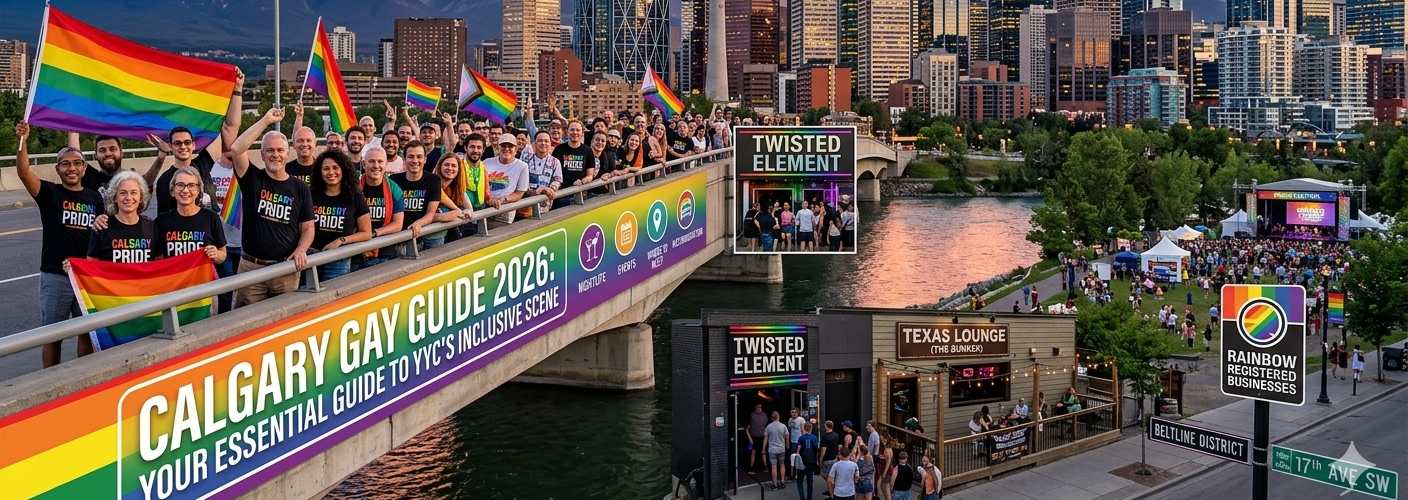 A landscape view of the Calgary skyline at sunset with the Rocky Mountains in the distance, featuring a large LGBTQ+ community celebrating. A 'Calgary Gay Guide 2026' title graphic is integrated, highlighting local nightlife spots like Twisted Element and Texas Lounge.