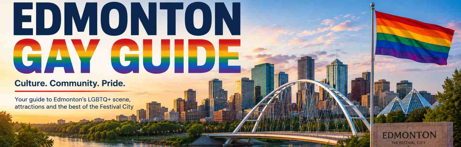 Panoramic view of the Edmonton skyline, North Saskatchewan River, Walterdale Bridge and a rainbow Pride flag, representing Edmonton's welcoming LGBTQ+ community and Festival City atmosphere.