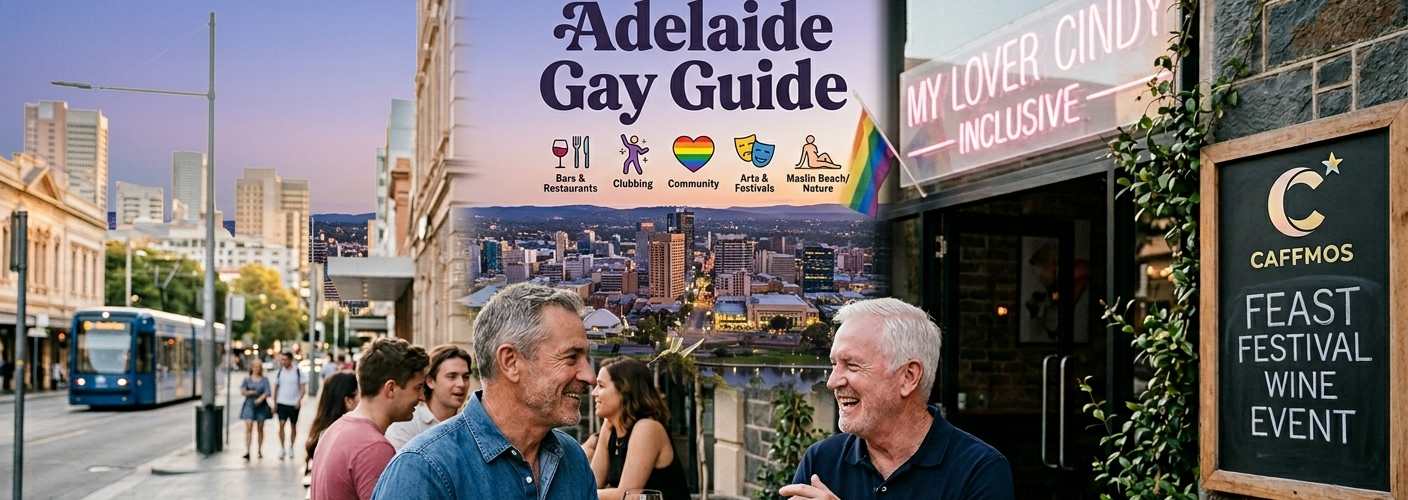 A travel guide graphic for Gay Adelaide featuring mature men enjoying drinks at an outdoor bar, a city skyline view of Adelaide, South Australia, and icons for LGBT festivals, clubs, and nature.