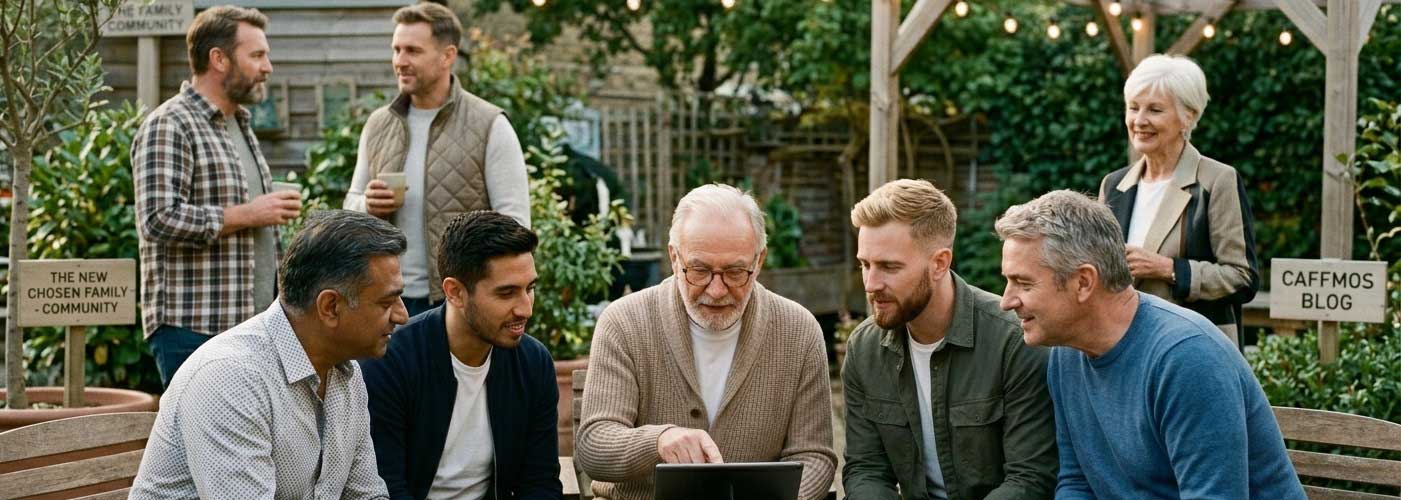 A diverse group of mature and younger gay men smiling and talking around a wooden garden table, illustrating intergenerational mentorship and the modern LGBT chosen family.