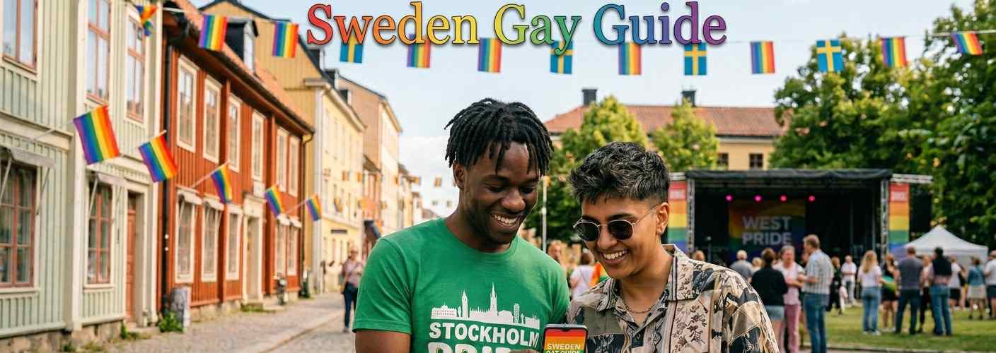 Two smiling men holding a Swedish flag at a Pride festival street event in Sweden