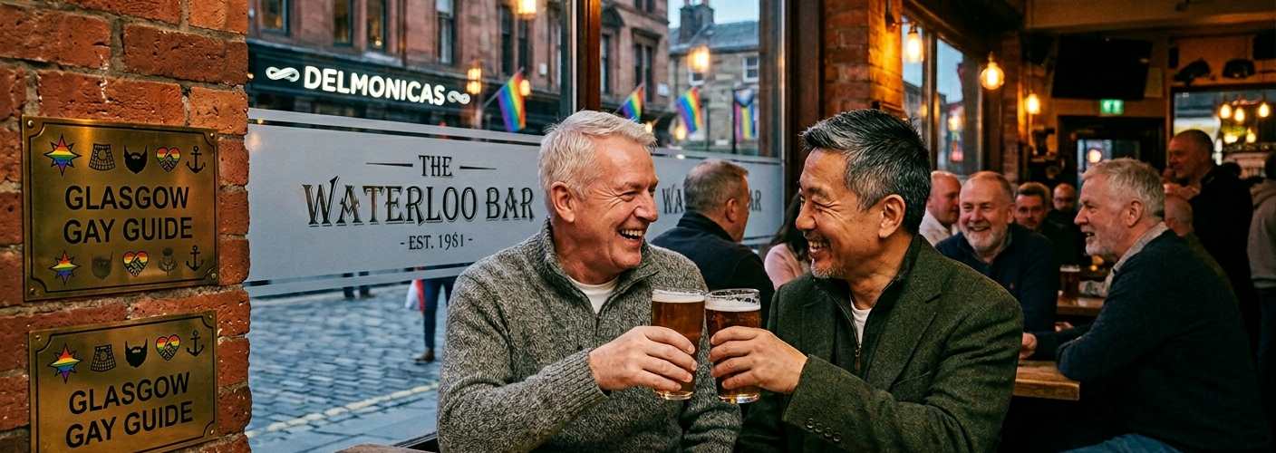 A mature white man and a middle-aged Chinese man laughing and clinking beer glasses inside The Waterloo Bar in Glasgow, with 'Glasgow Gay Guide' branding on the wall.