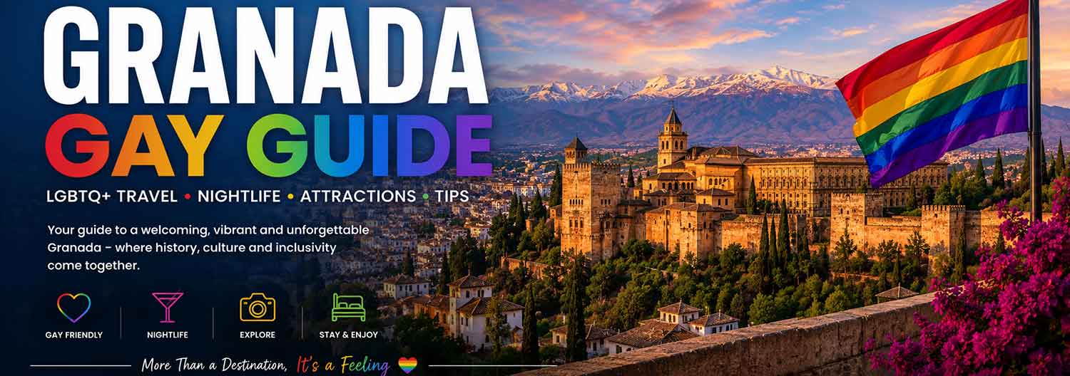 Panoramic view of Granada, Spain, featuring the Alhambra, the Sierra Nevada mountains and a rainbow Pride flag, illustrating the Granada Gay Guide for LGBTQ+ travellers.
