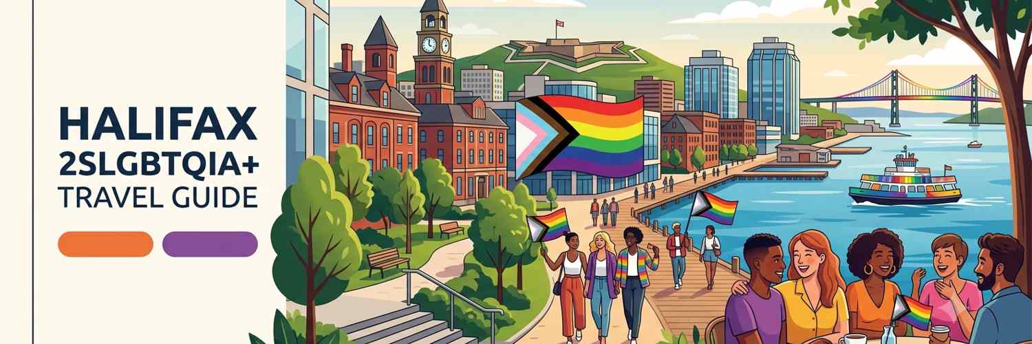 Vibrant website header illustration for a Halifax LGBTQ travel guide, featuring the Old Town Clock, Citadel Hill, a Progress Pride flag, and diverse people enjoying a patio café by the harbor