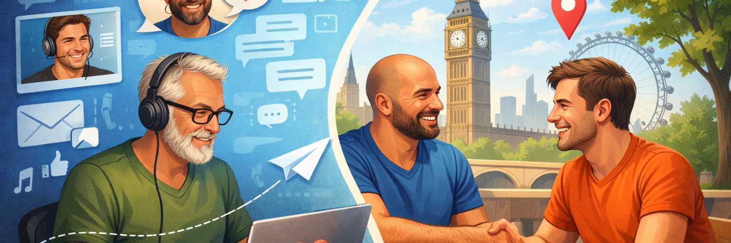 Two gay men of different ages looking at a tablet together, browsing verified profiles for intergenerational friendships and senior connections