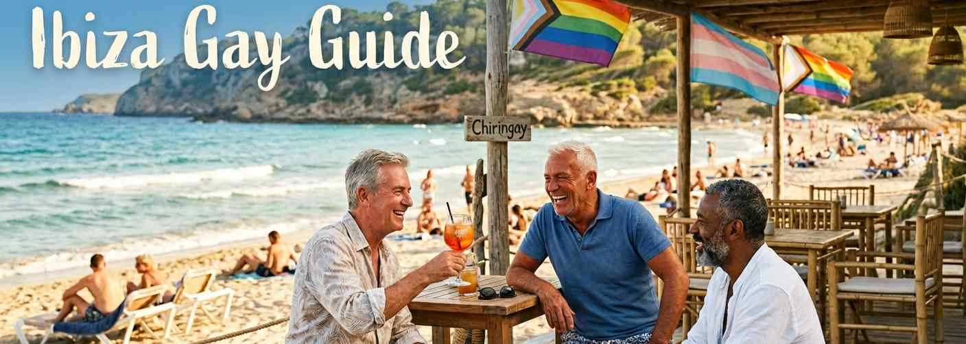 Ibiza Gay Guide banner image featuring mature men laughing at a beachside bar with pride flags at Playa Es Cavallet.