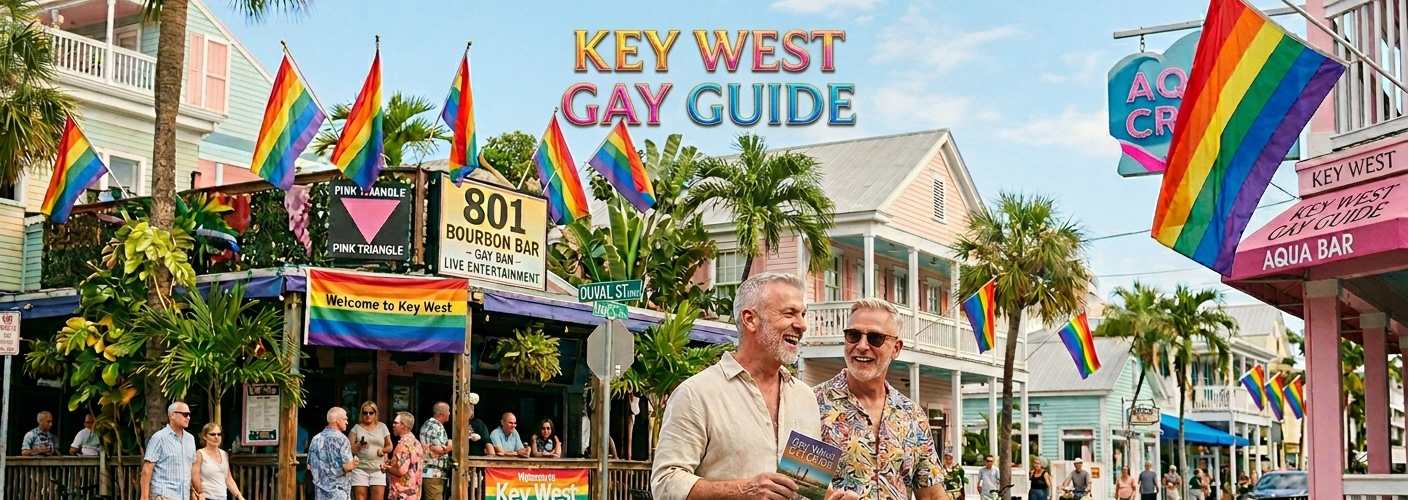 Two mature men walking on Duval Street in Key West past the 801 Bourbon Bar and Aqua Bar with rainbow flags, illustrating a gay travel guide.