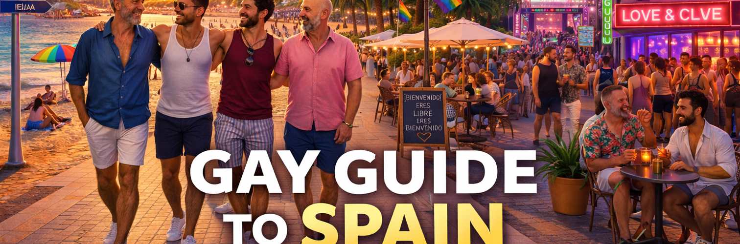 Gay-friendly Spain travel scene with beach promenade, Barcelona skyline, and vibrant Madrid nightlife with rainbow flags