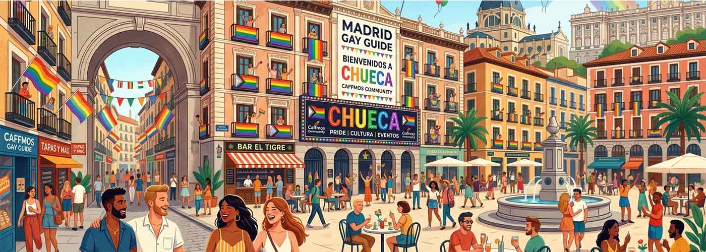 A vibrant, detailed illustration of the bustling Plaza de Chueca in Madrid, filled with diverse, joyful people, colorful Pride flags on balconies, outdoor cafes, and a large central fountain. A prominent banner displays MADRID GAY GUIDE, BIENVENIDOS A CHUECA with the CAFFMOS COMMUNITY' logo. A rainbow arches across the sky over distant Madrid landmarks like the Almudena Cathedral, all under bright, welcoming daylight