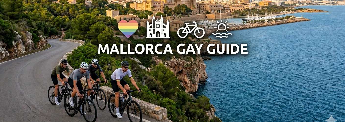 A group of cyclists riding along a scenic coastal road in Mallorca with the Palma Cathedral and Bellver Castle in the background under a clear sky.