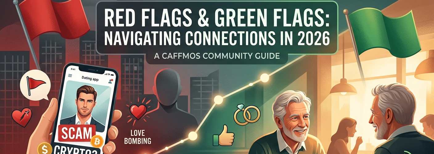 A split illustration showing the risks and rewards of modern dating for mature men. On the left, a hand holds a phone displaying a scam profile with crypto and love-bombing warnings. On the right, two mature men enjoy a coffee date in a warm cafe, representing consistency and authentic connection.