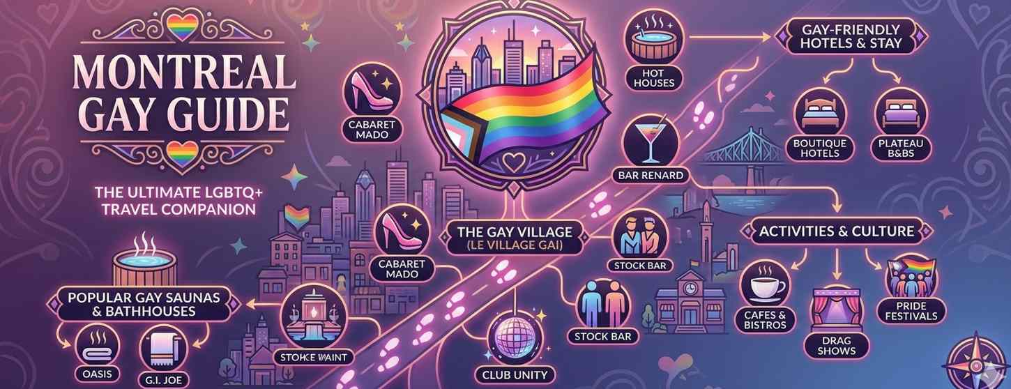 An infographic map of the Montreal Gay Guide highlighting LGBTQ+ bars, clubs like Unity and Mado, gay saunas, hotels, and Pride festivals in the Gay Village.