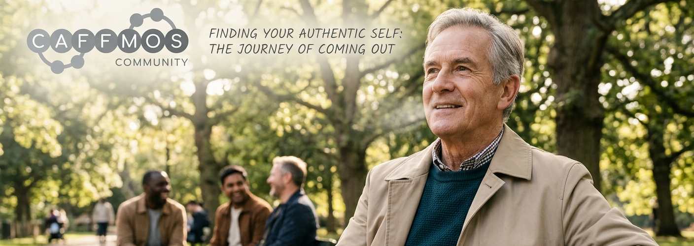 A mature, smiling Caucasian man over 60 sits on a sunlit park bench. He exhales a peaceful breath of relief while looking at his smartphone, which displays a welcome post from the Caffmos Community. In the softly blurred background, a diverse group of three supportive-looking men are laughing together nearby. Dappled golden hour light filters through large oak trees.