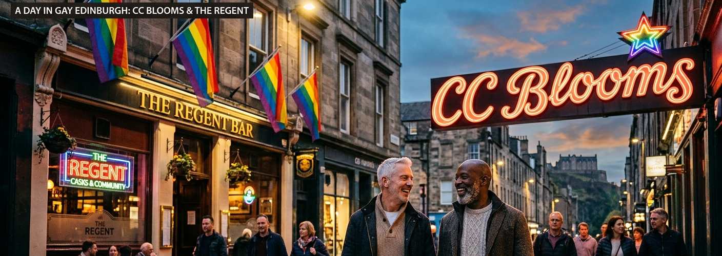 A happy mature gay couple walking along a cobbled Edinburgh street at dusk, surrounded by the warm lights of The Regent Bar and the neon sign of CC Blooms in the Pink Triangle gay district.