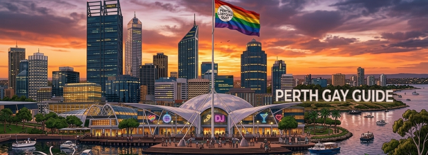 A realistic landscape view of the Perth city skyline and Elizabeth Quay at sunset, featuring a rainbow pride flag and 'Perth Gay Guide' text overlay.