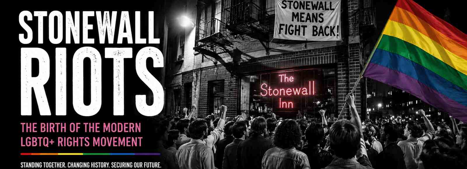 Historic illustration of the Stonewall Riots outside the Stonewall Inn in New York City, symbolising the birth of the modern LGBTQ+ rights movement and Pride.