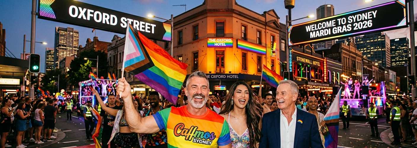 Joyful crowd celebrating at Sydney Gay and Lesbian Mardi Gras 2026 on Oxford Street, featuring iconic venues like The Oxford Hotel and Stonewall Hotel.