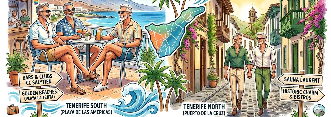 An illustrative map guide for mature gay travelers in Tenerife, highlighting venues in both Puerto de la Cruz (North) and Playa de las Américas (South), featuring 'EXITO Gay Club' and 'Sauna Laurent