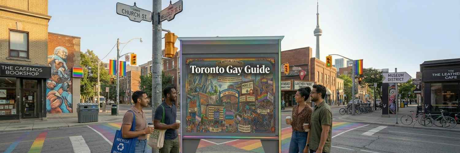 street-level view of the Church and Wellesley gay village intersection in Toronto, featuring local men gathered near a digital informational kiosk displaying the Toronto Gay Guide, with the CN Tower visible in the background.