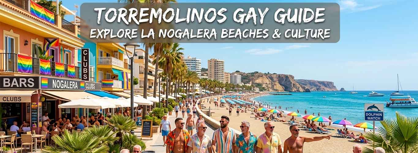 A vibrant daytime view of the Torremolinos beach promenade and the La Nogalera gay district, featuring diverse travelers, palm trees, colorful buildings with rainbow flags, and people enjoying outdoor cafés under a sunny sky.