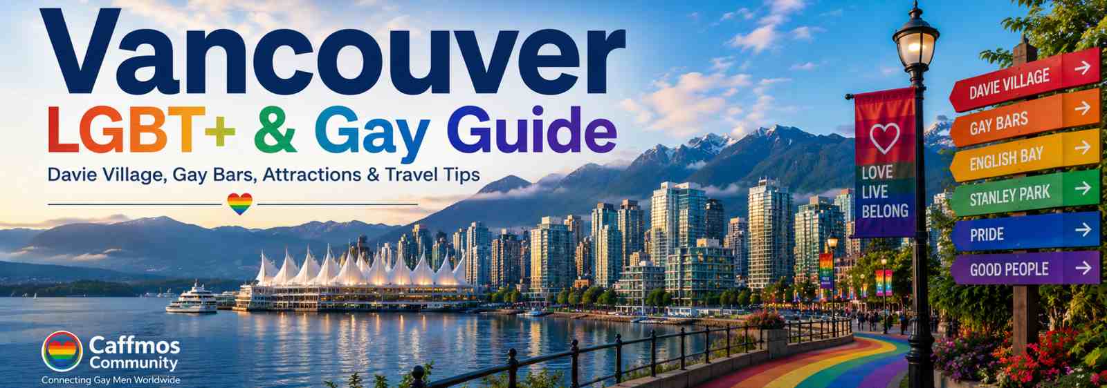 Panoramic view of Vancouver skyline, waterfront and mountains with Pride rainbow colours, illustrating Vancouver's LGBT+ community, Davie Village and gay travel scene.