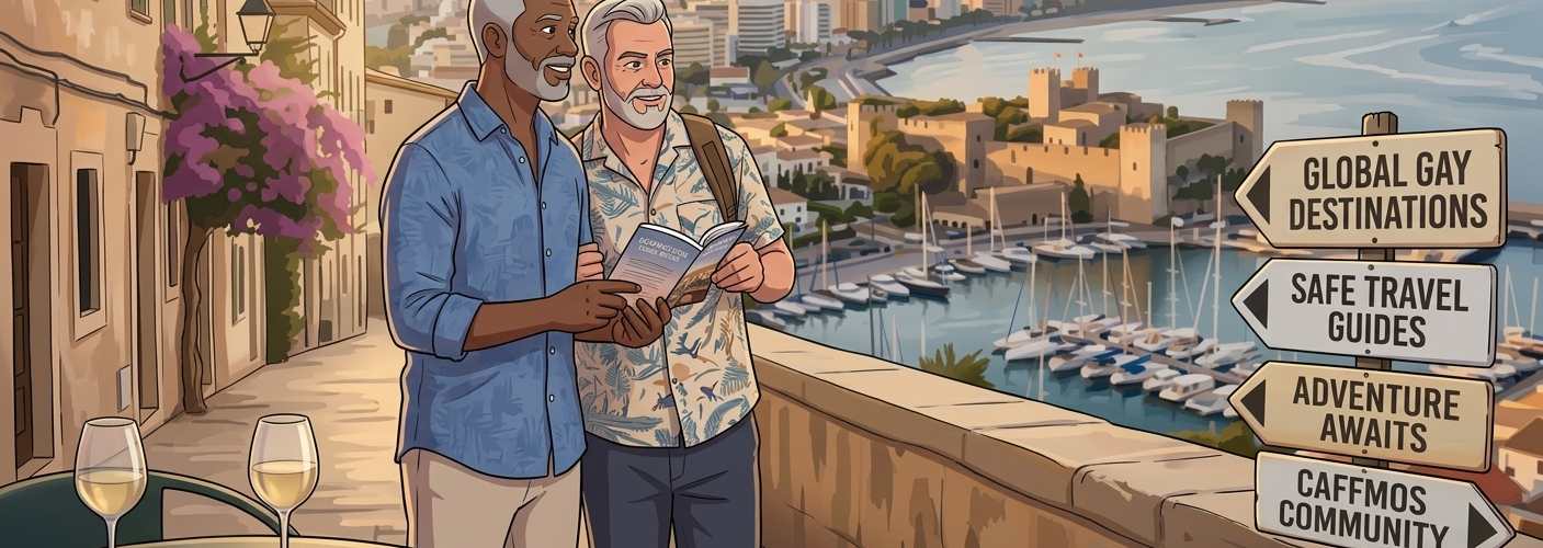 Two mature men looking at a travel guide on a balcony overlooking a Mediterranean coastal city and harbor at sunset